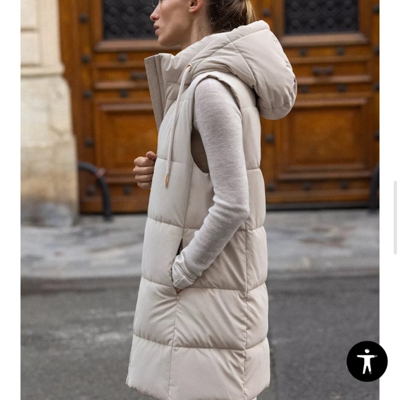 ZARA LONG PADDED HOODED PUFFER DOWN WINTER ZIP FLEECE LINING VEST GILET - Picture 5 of 9